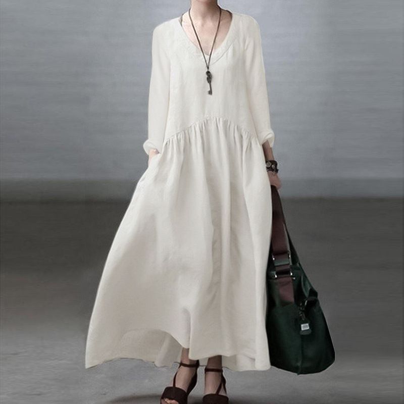 Women's Long Dress Elegant Vest Dress Casual Solid Color Loose Long Dress V Neck 2023 Spring Autumn Fashion_ecoleips.com