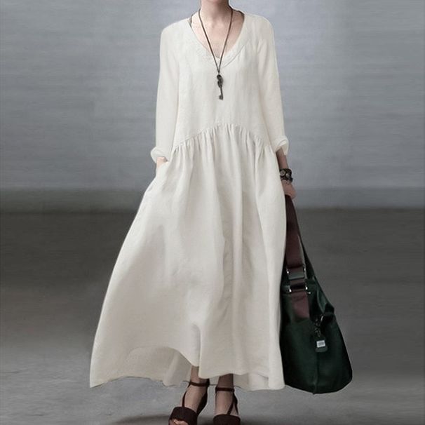 Women's Long Dress Elegant Vest Dress Casual Solid Color Loose Long Dress V Neck 2023 Spring Autumn Fashion_ecoleips.com