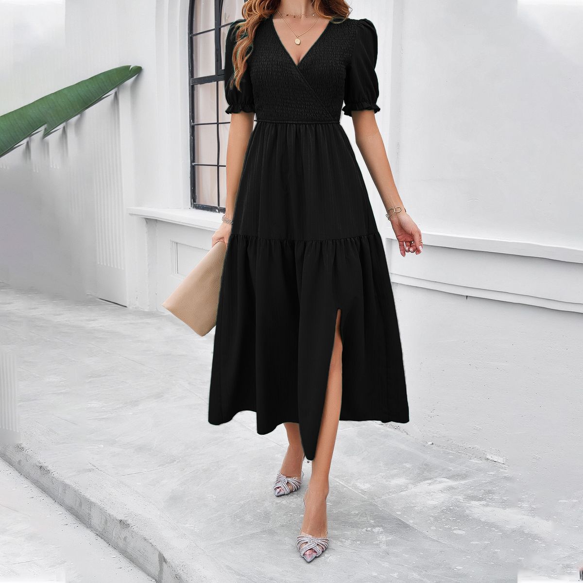 Spring Summer Women Elegant Solid Color V Neck Short Sleeve Big Swing Flared Long Maxi Dress_ecoleips.com