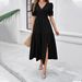 Spring Summer Women Elegant Solid Color V Neck Short Sleeve Big Swing Flared Long Maxi Dress_ecoleips.com
