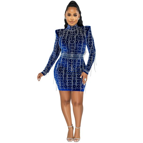 Women's nightclub sexy hot diamond women's long-sleeved mid-skirt chain dress for women_ecoleips.com