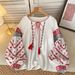 Vintage Ethnic Style Women's Blouse Heavy Embroidery round Neck Tie Lantern Sleeve Loose Fit Versatile Slimming Top_ecoleips.com