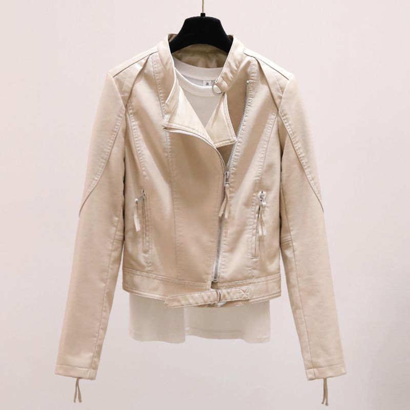 Women's Slim-Fit PU Leather Moto Jacket – Korean-Inspired Stand Collar Design | Lightweight Biker Style For Casual & Streetwear_ecoleips.com