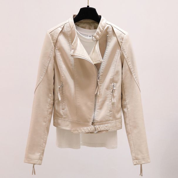 Women's Slim-Fit PU Leather Moto Jacket – Korean-Inspired Stand Collar Design | Lightweight Biker Style For Casual & Streetwear_ecoleips.com