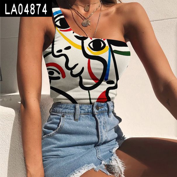 Aria Basics Aria Basics European And American 2021 Summer New Style Abstract Face Print Wrapped Chest Single Shoulder Tank Top T-Shirt_ecoleips.com