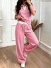 Women's Casual Color Block Polo Neck Top with Striped High-Waisted Drawstring Trousers Set Comfortable Summer Pant Set_ecoleips.com