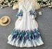 Women's French Retro Print Beaded Bell Sleeve Dress Long Sleeved Color Block V Neck Tie Waist A Line Maxi Dress For Commuting_ecoleips.com