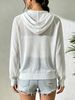 White Hollow Rib Knit Zip Hooded Cardigan, Loose Lightweight Breathable Soft Skin-touch Long Sleeve Cover Up_ecoleips.com