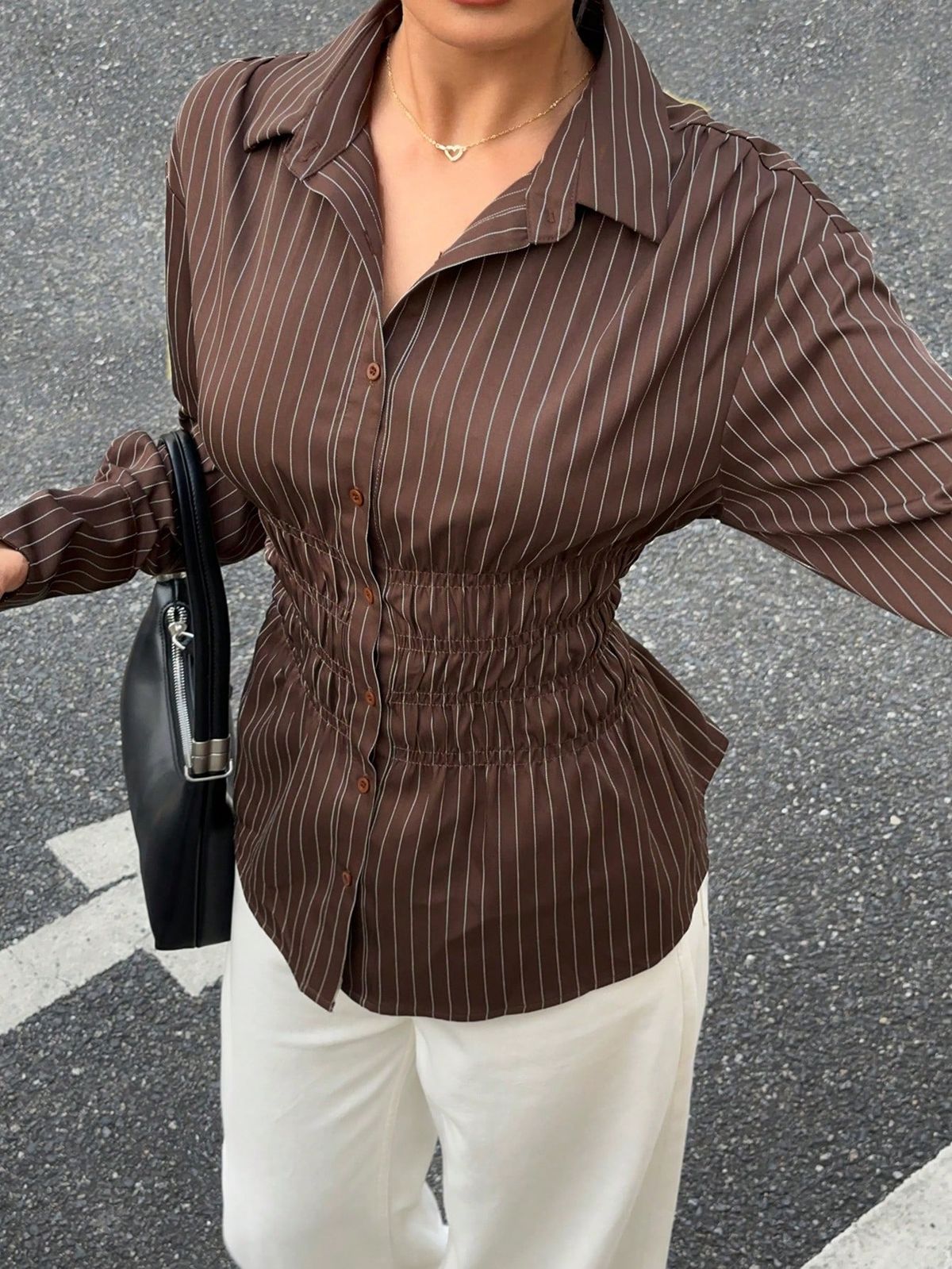 Retro Striped Print Long Sleeve Blouse V-Neck Slim Fit Women's Shirt Vintage Y2k Sassy Office-To-Club Top Brown (S/M/L)_ecoleips.com