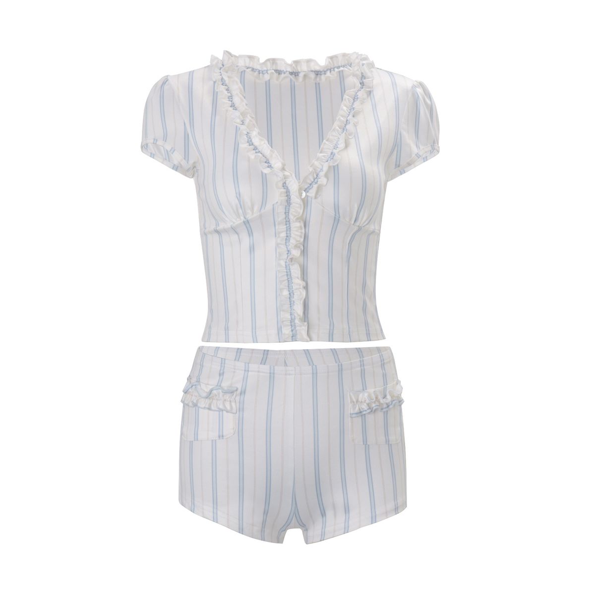 Europe, America 2026 Spring Women's Clothing New Fungus Edge Striped Short-sleeved Cardigan Top Slim Temperament Shorts Suit Women_ecoleips.com