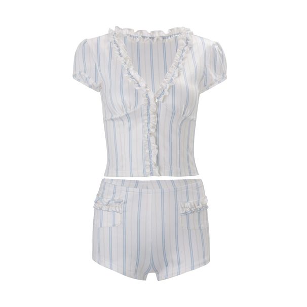 Europe, America 2026 Spring Women's Clothing New Fungus Edge Striped Short-sleeved Cardigan Top Slim Temperament Shorts Suit Women_ecoleips.com