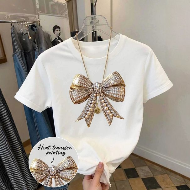 Women's Clothing Women's Cropped Top Round Neck Bow Print Style For Formal & Casual For Women Short Sleeve T-Shirt With Bow_ecoleips.com