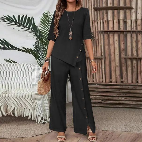 Women's Clothing Trousers Suit Elegant Fashion Casual Button Half Sleeve Shirt Loose Two Piece Suit_ecoleips.com