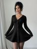 2026 Spring/Summer New Women's Knitted Flower-Petal Bottom V-Neck Petite Shangxia Long-Sleeved Solid Color Mini Dress_ecoleips.com