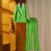 Women's emerald green spliced suit collar top wide-leg trousers temperament fashion two-piece trouser suit_ecoleips.com