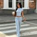 YL26309TKO Women's Casual Two Piece Set Slim Fit round Neck Elegant Top Wide Leg Pants Drawstring Cross Border_ecoleips.com