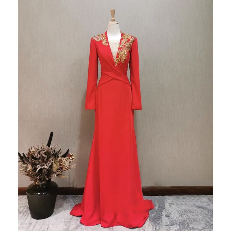 Women's Clothing Banquet Evening Dress Spring Festival Gala Same Style Dignified Slim Red Long Sleeved Annual Party Host Dress Skirt_ecoleips.com