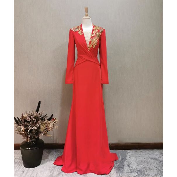 Women's Clothing Banquet Evening Dress Spring Festival Gala Same Style Dignified Slim Red Long Sleeved Annual Party Host Dress Skirt_ecoleips.com
