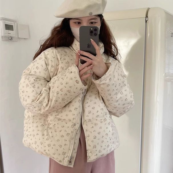 girl Down For Women 2025 Winter New Small Floral Short Cotton Coat Fresh Sweet Stand Collar Puffer Jacket_ecoleips.com