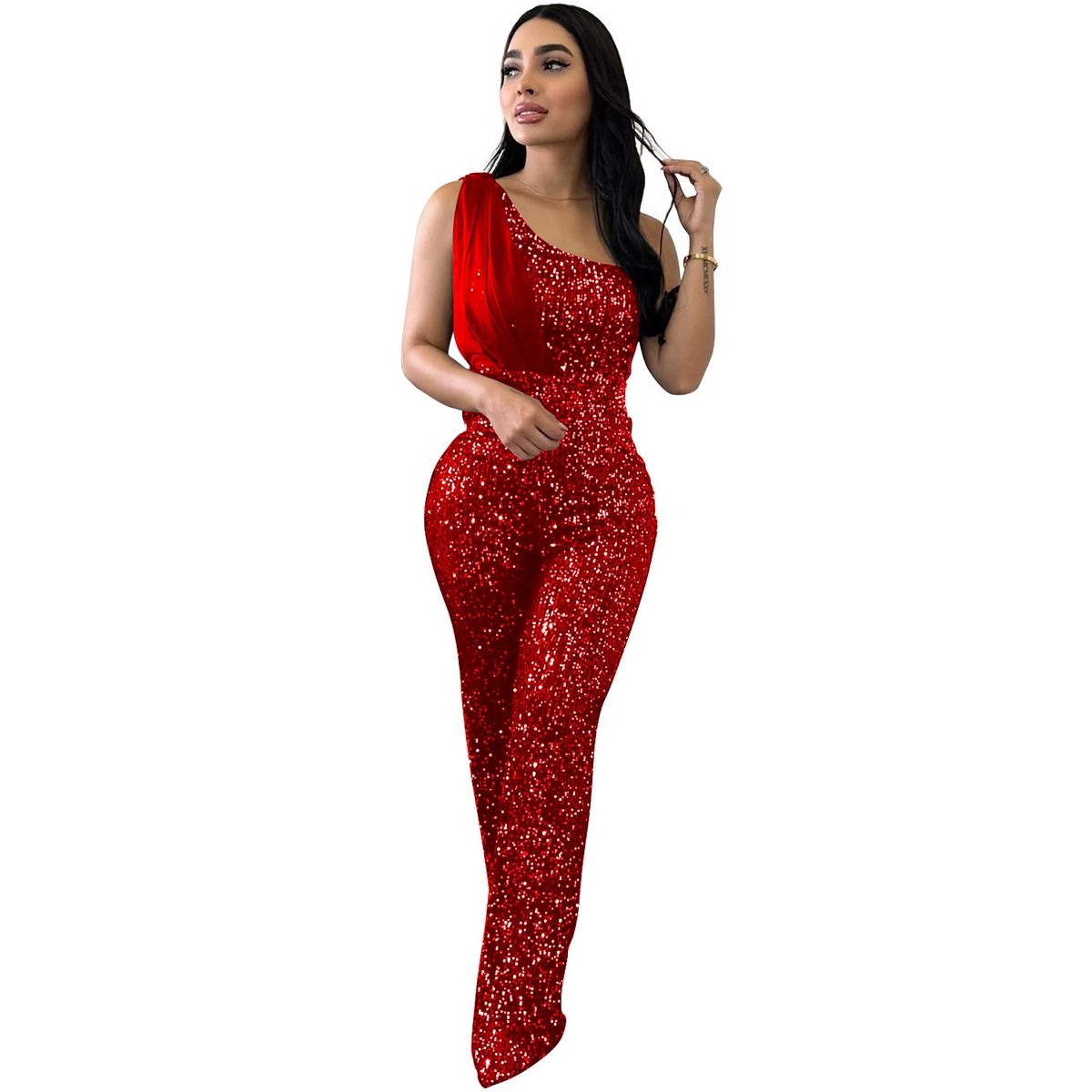 Women's Clothing Solid Color Sleeveless One Shoulder Sequined Trousers Jumpsuit_ecoleips.com