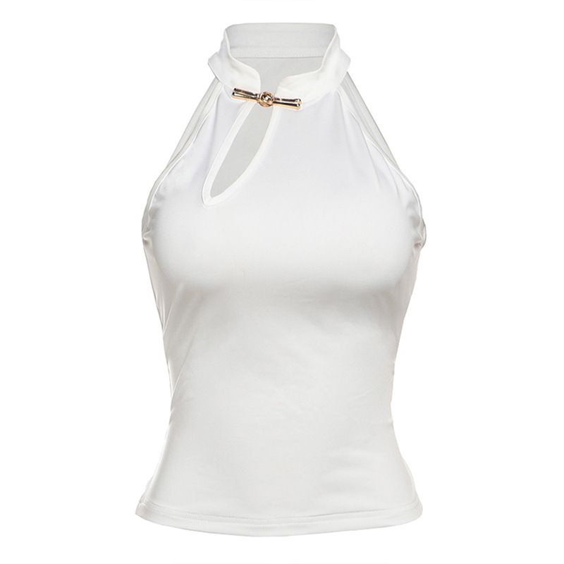 Slim Fit Mandarin Collar Button Front Sleeveless Top For Women, Solid Color Sexy Casual Tank Tops Comfortable & Flexible Fabric_ecoleips.com
