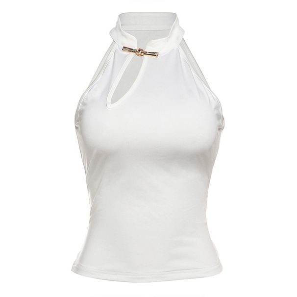 Slim Fit Mandarin Collar Button Front Sleeveless Top For Women, Solid Color Sexy Casual Tank Tops Comfortable & Flexible Fabric_ecoleips.com