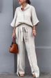 Women's Clothing Casual Cotton And Linen Solid Color Shirt Belt Wide Leg Irregular Pants Suit_ecoleips.com