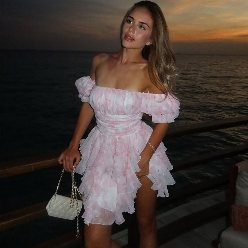Women's 2025 Summer Off-Shoulder Dress - Elegant Floral Ruffled Short Dress With Horn Sleeve _ecoleips.com