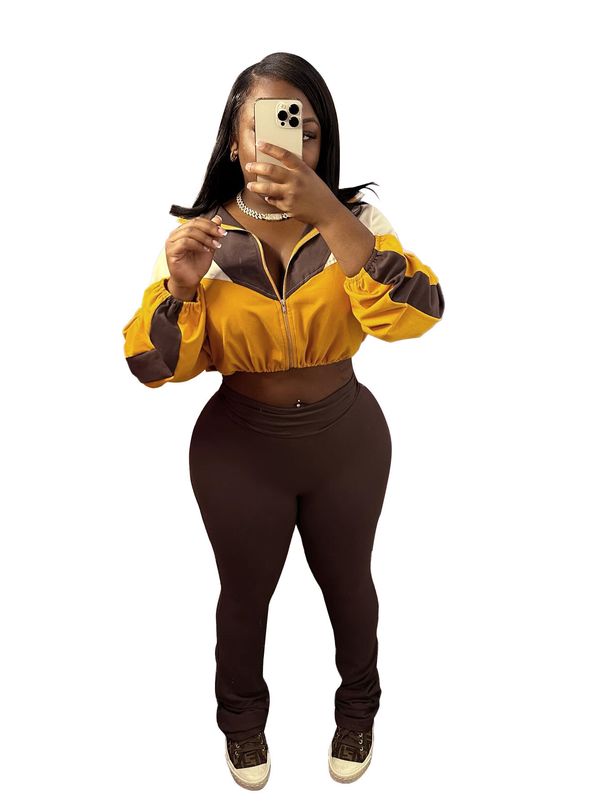 Women's Clothing Women's High Waist Slightly Flared Two Piece Suit Sports Casual Color Matching Navel Baring_ecoleips.com