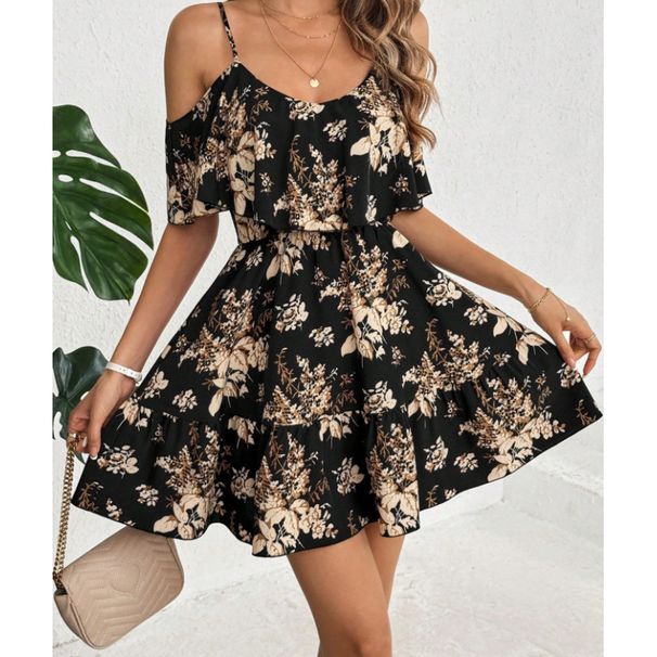 Summer New European And American Style Black Elegant Printed Off-shoulder Ruffled Short-sleeve Dress_ecoleips.com