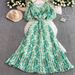 Women's Clothing Print Double Layer Trumpet Sleeve Dress For Women In Summer With Slim Waist And Pleated Long Skirt_ecoleips.com