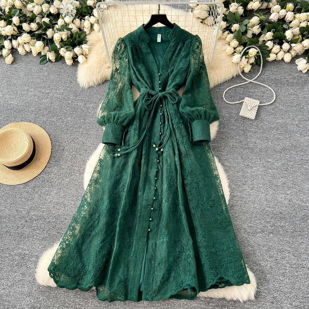 Women's Clothing French Elegance Embroidered V-Neck Dress – Spring Floral Lantern Sleeve A-Line Maxi Dress (Black/Beige/Green/Red/Sky Blue, S-XXL)_ecoleips.com