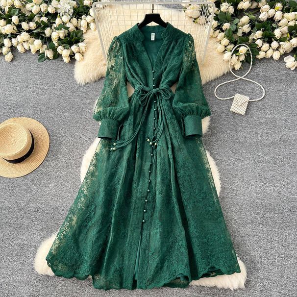 Women's Clothing French Elegance Embroidered V-Neck Dress – Spring Floral Lantern Sleeve A-Line Maxi Dress (Black/Beige/Green/Red/Sky Blue, S-XXL)_ecoleips.com
