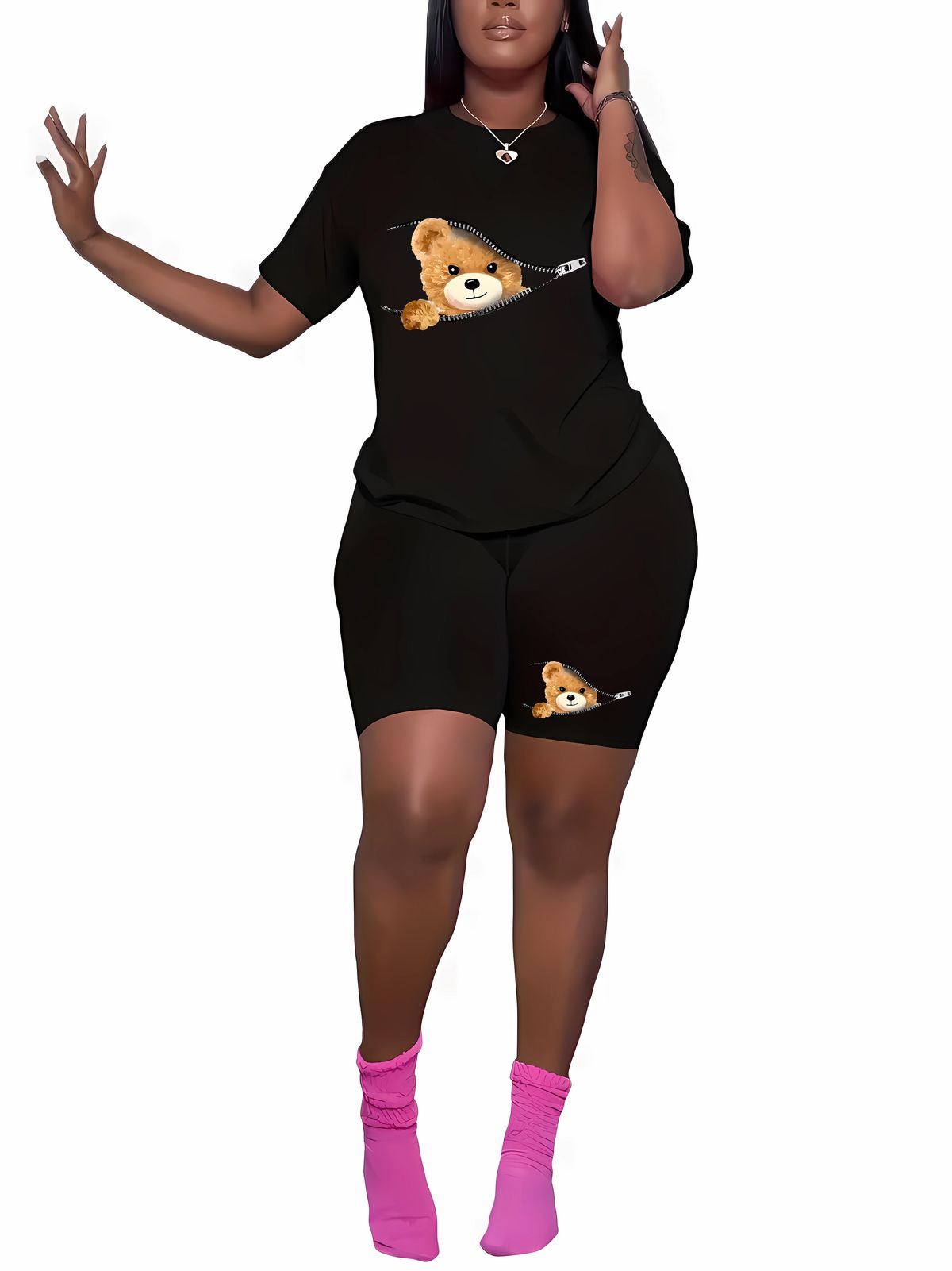 Summer Women's Casual Fashion Bear Cartoon Graphic Printed Loose T-shirt Shorts Two-piece Set Sportswear Suitable For Daily Wear-153_ecoleips.com
