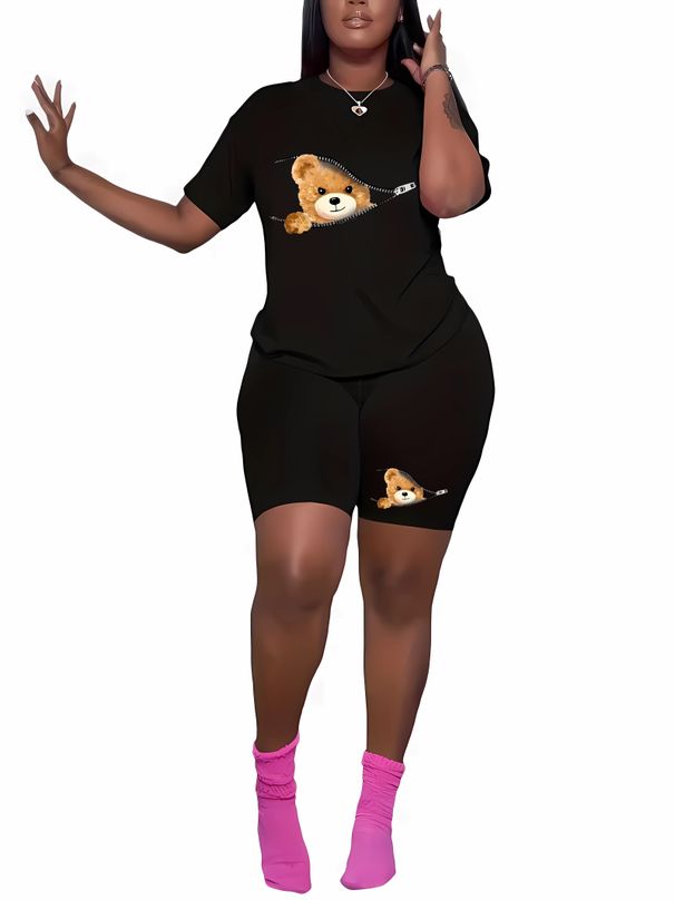 Summer Women's Casual Fashion Bear Cartoon Graphic Printed Loose T-shirt Shorts Two-piece Set Sportswear Suitable For Daily Wear-153_ecoleips.com