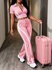 Women's Clothing Slim Fit Color Blocked Jacket And Straight Leg Trousers Set Spring Summer Two-Piece Outfit Short Sleeved_ecoleips.com