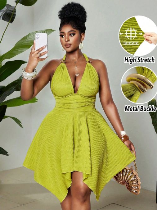 Curvy Jacquard Knit Halter Mini Dress, Metal Buckle Back Bow Ruched Waist Irregular Open Back For Beach Festival Party_ecoleips.com