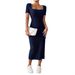 ng2510292 Summer New Clothing Fashion Square Neck Sexy Slim Fit Slit Bodycon Dress Women's European American Foreign Trade Soft_ecoleips.com