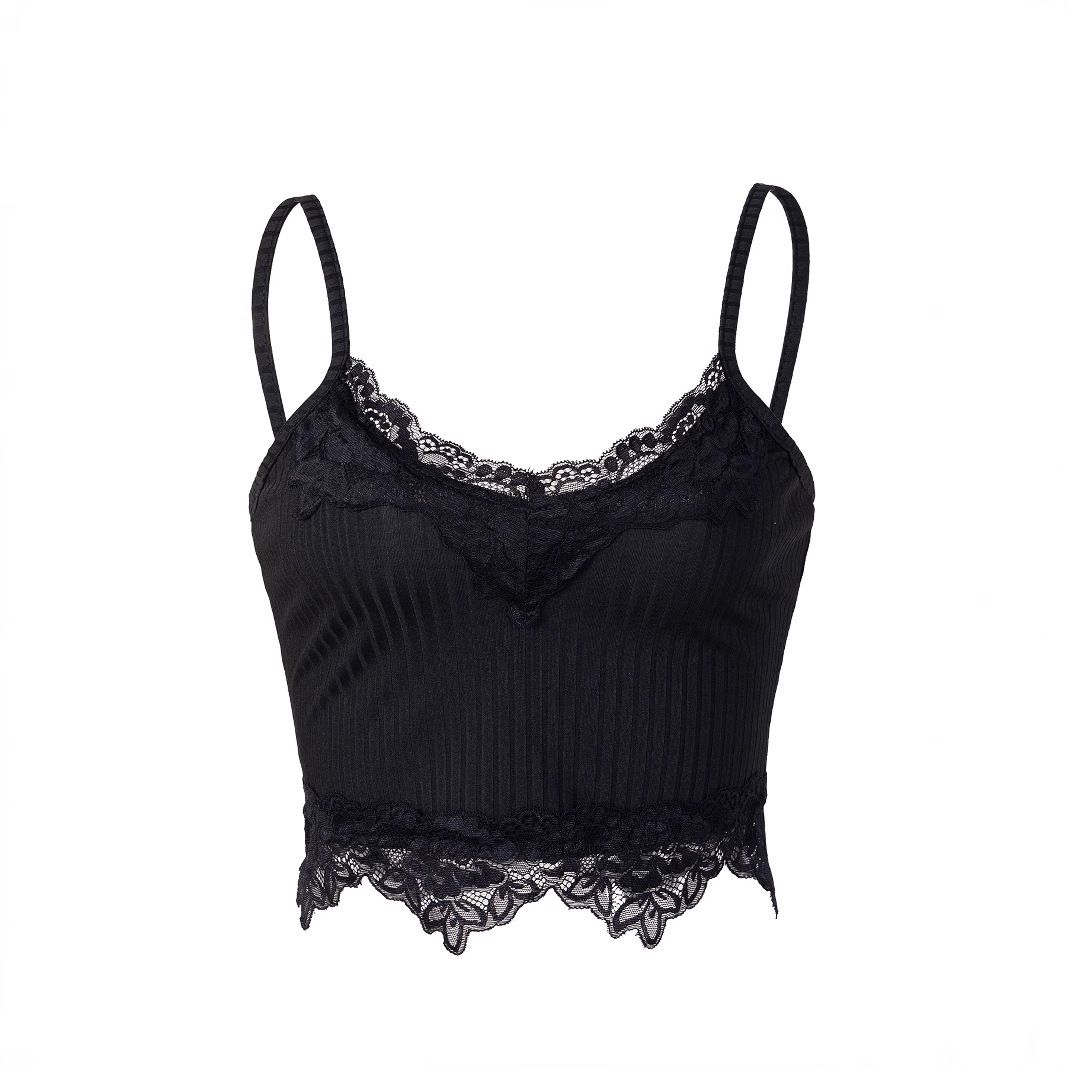 Lace Trim Ribbed V-Neck Camisole Women's Stretchy Sleeveless Top Flattering Black Fashion-Forward XS to XL_ecoleips.com