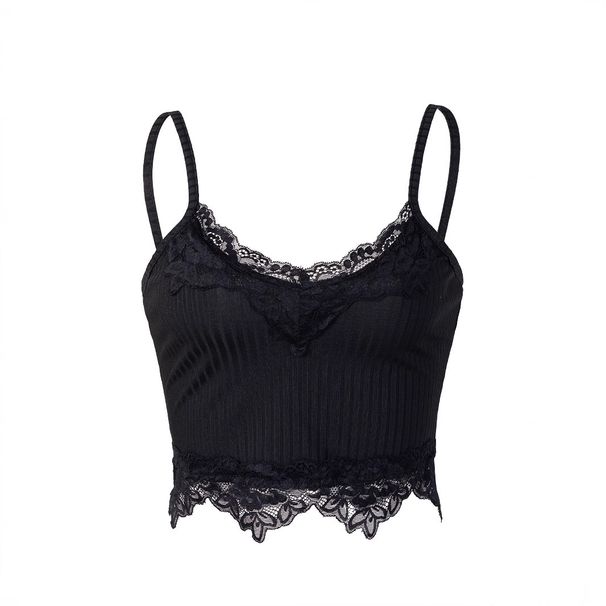 Lace Trim Ribbed V-Neck Camisole Women's Stretchy Sleeveless Top Flattering Black Fashion-Forward XS to XL_ecoleips.com