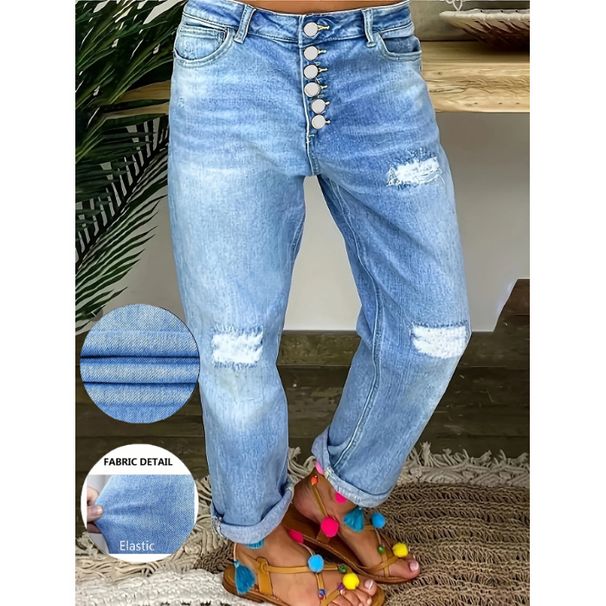 "Plus Size High Waist Stretch Ripped Jeans For Women - Trendy Streetwear With Multi-Button Detail & Comfort Fit"_ecoleips.com
