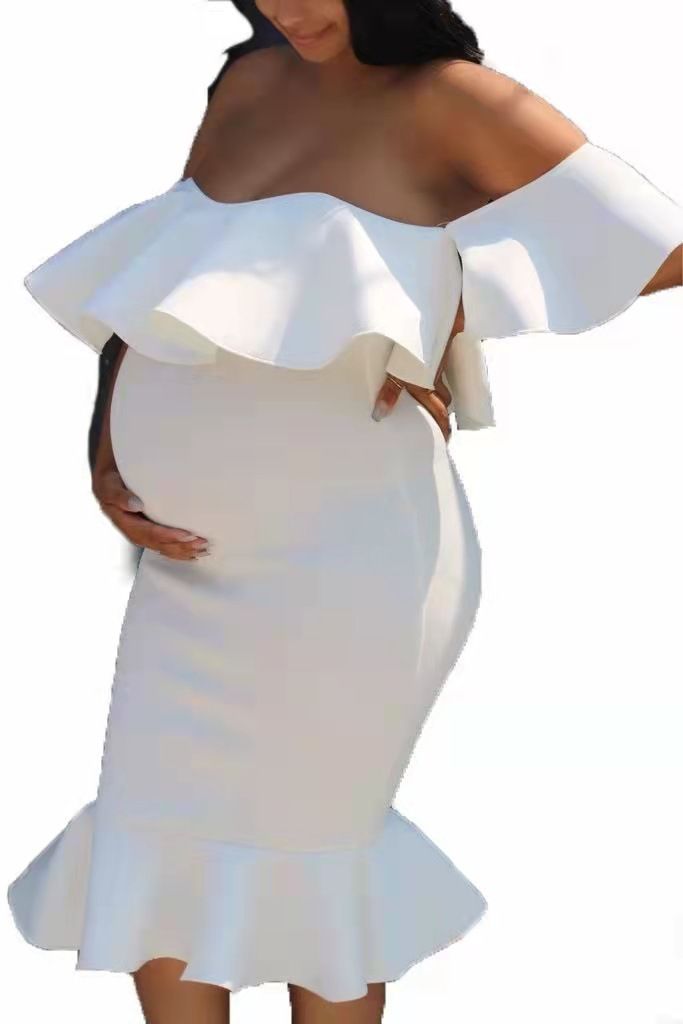 Elegant Lotus Wrap Fishtail Midi Dress - Flowy Asymmetrical Hem, Breathable Polyester & Spandex, Casual To Office Wear (White/Pink/Blue, XS-XXXL)_ecoleips.com
