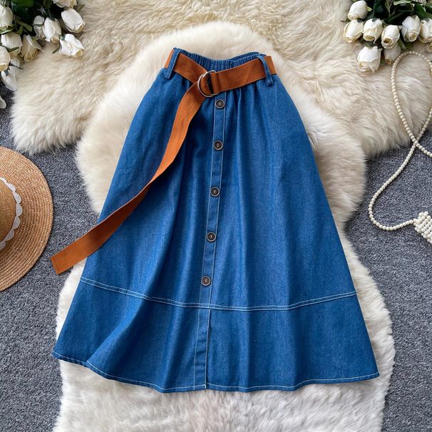 Preppy High-Waisted Slimming Denim Midi Skirt with Elastic Waist A-Line Stylish Fit for Summer Commute Women's Bottoms_ecoleips.com