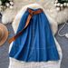 Preppy High-Waisted Slimming Denim Midi Skirt with Elastic Waist A-Line Stylish Fit for Summer Commute Women's Bottoms_ecoleips.com