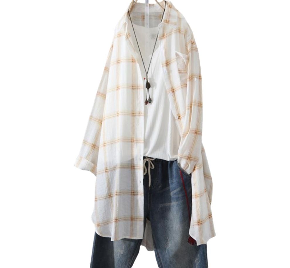 Women's Mid-Length Grid-Print Chiffon Shirt With Sun-Protective Jacket, Thin And Loose-Fitting Long-Sleeved Summer Outfi_ecoleips.com