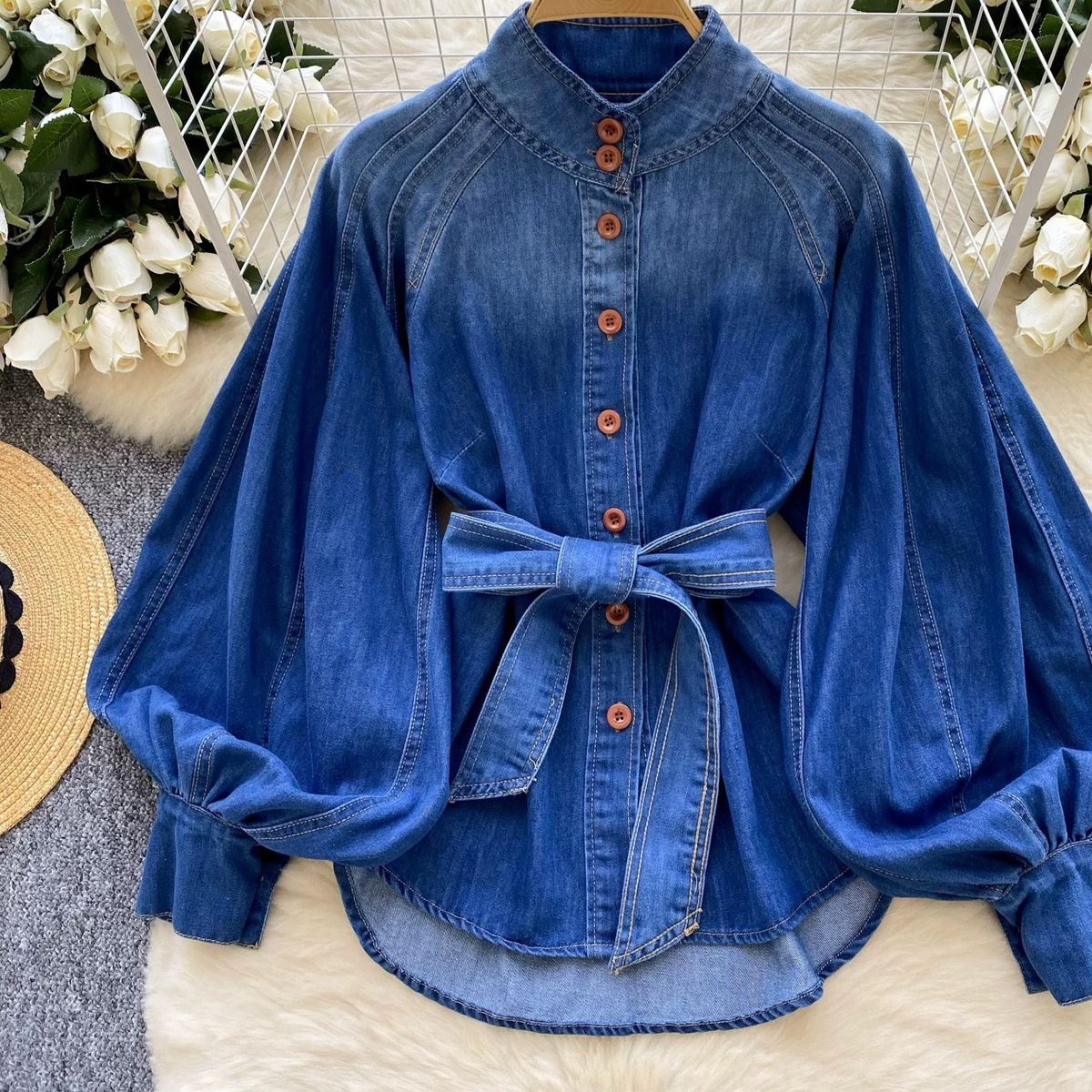 Women's Clothing Retro Mature Strap Waist Stand Collar Lantern Sleeve Denim Shirt Sense Versatile Slimming Women's Tops_ecoleips.com