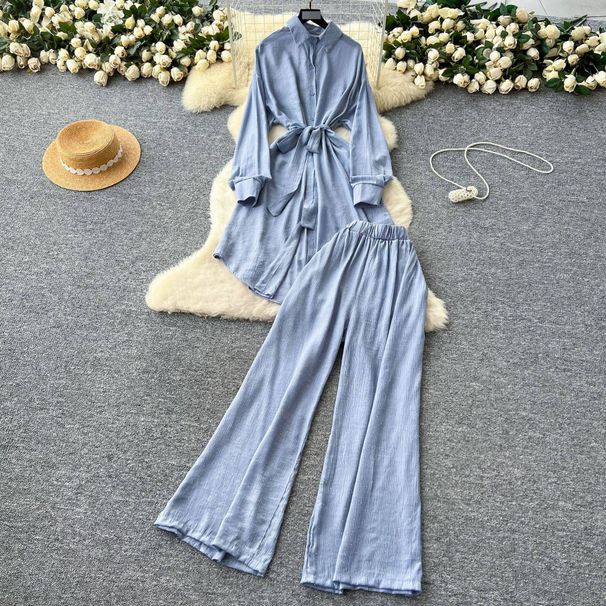 Women's Casual Lounge Set – Belted Waist Shirt With High-Waisted Wide-Leg Pants (Polyester, Rhinestone Detailing, Blue/Khaki/Pink/Black/Brown)_ecoleips.com