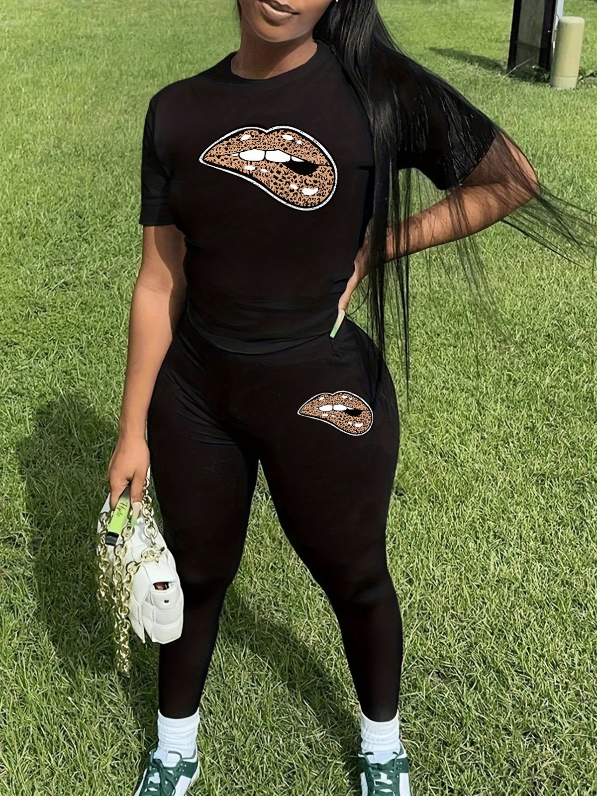 Women's Casual Loose And Fashionable Leopard Print Lip Print Print Loose T-shirt+shorts Two-piece Home Sportswear Daily Outfit-446_ecoleips.com