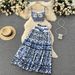 Women's Summer Blue White Porcelain Print Suit Short Tube Top Suspender Pleated Skirt 2 Piece Set with Breast Pads_ecoleips.com