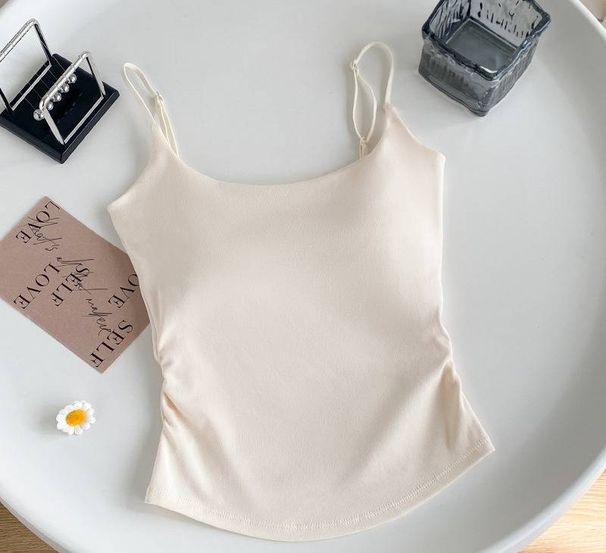 Adjustable Camisole Top For Women Creamy Yellow Pleated Waist Bra Padded Summer Wear Flattering Back Short Inner Tank Top_ecoleips.com